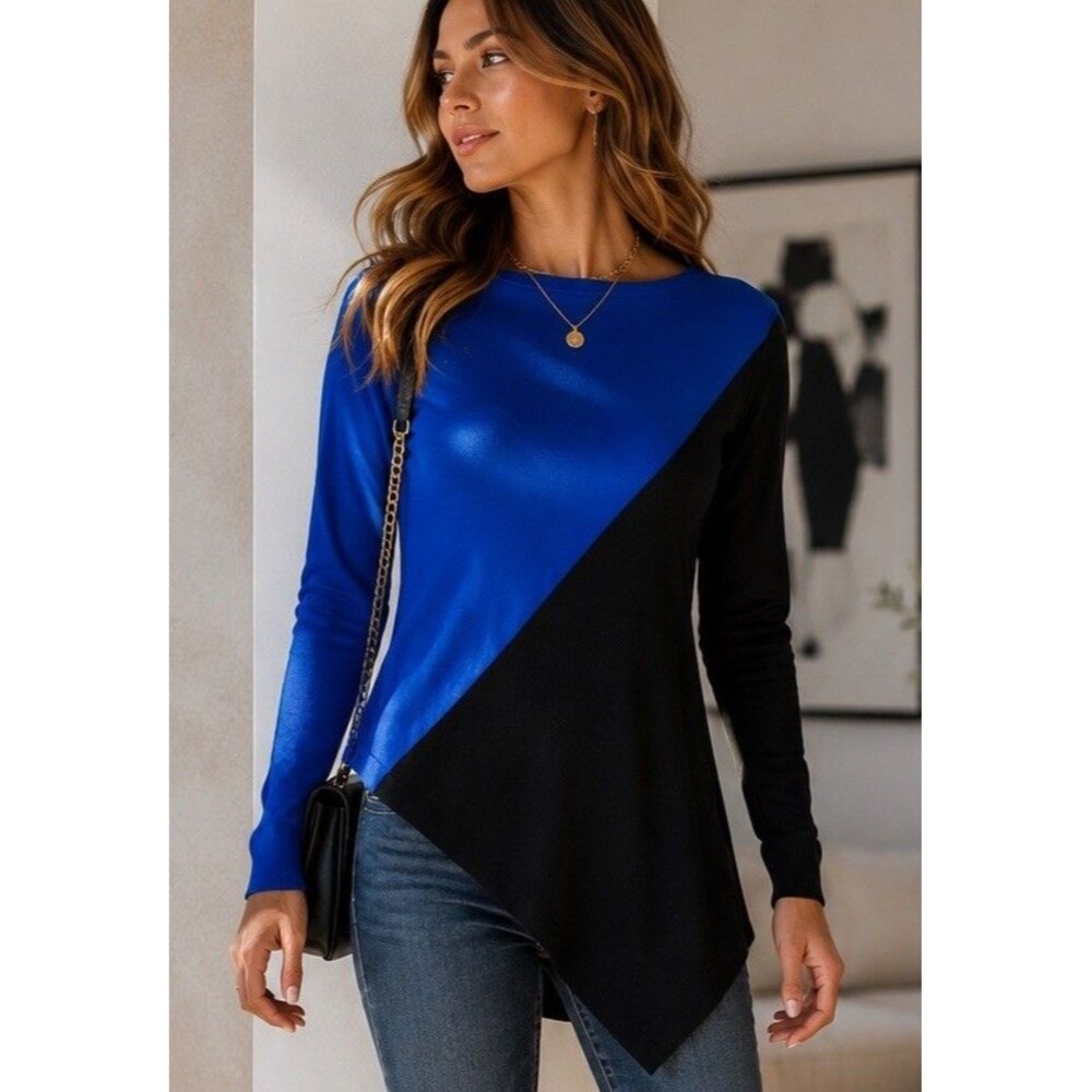 Calvin Klein Asymmetrical Colorblock Sweater Blue Black Long Sleeve Women’s M